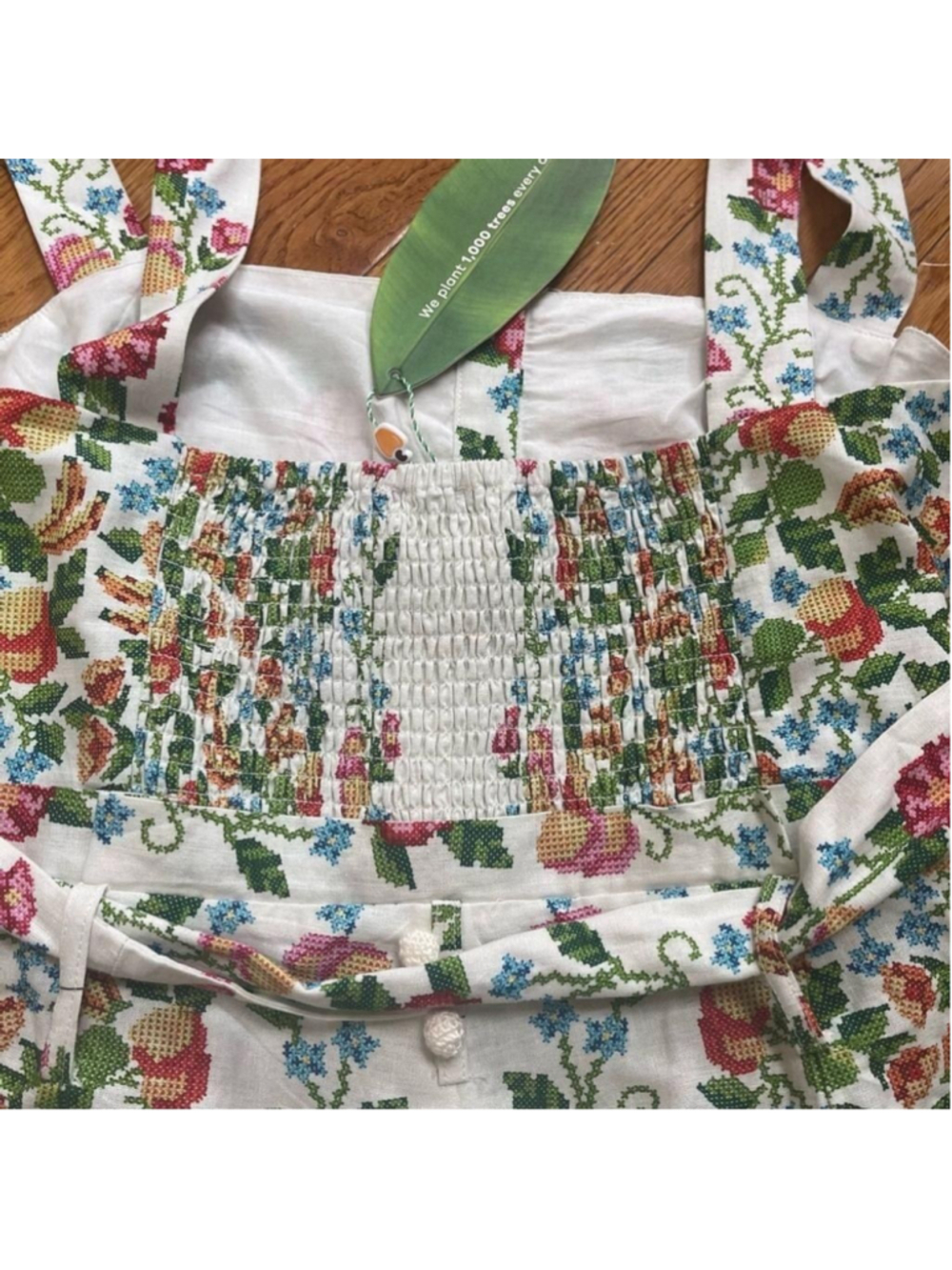 Farm Rio Crosstitch Floral Belted Romper linen blend off-white Cottagecore Sz XL - Picture 11 of 15